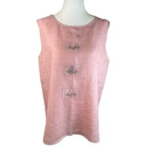Linen Hemp Sleeveless Top Pink Embroidery Cottagecore Artsy Japanese M/L